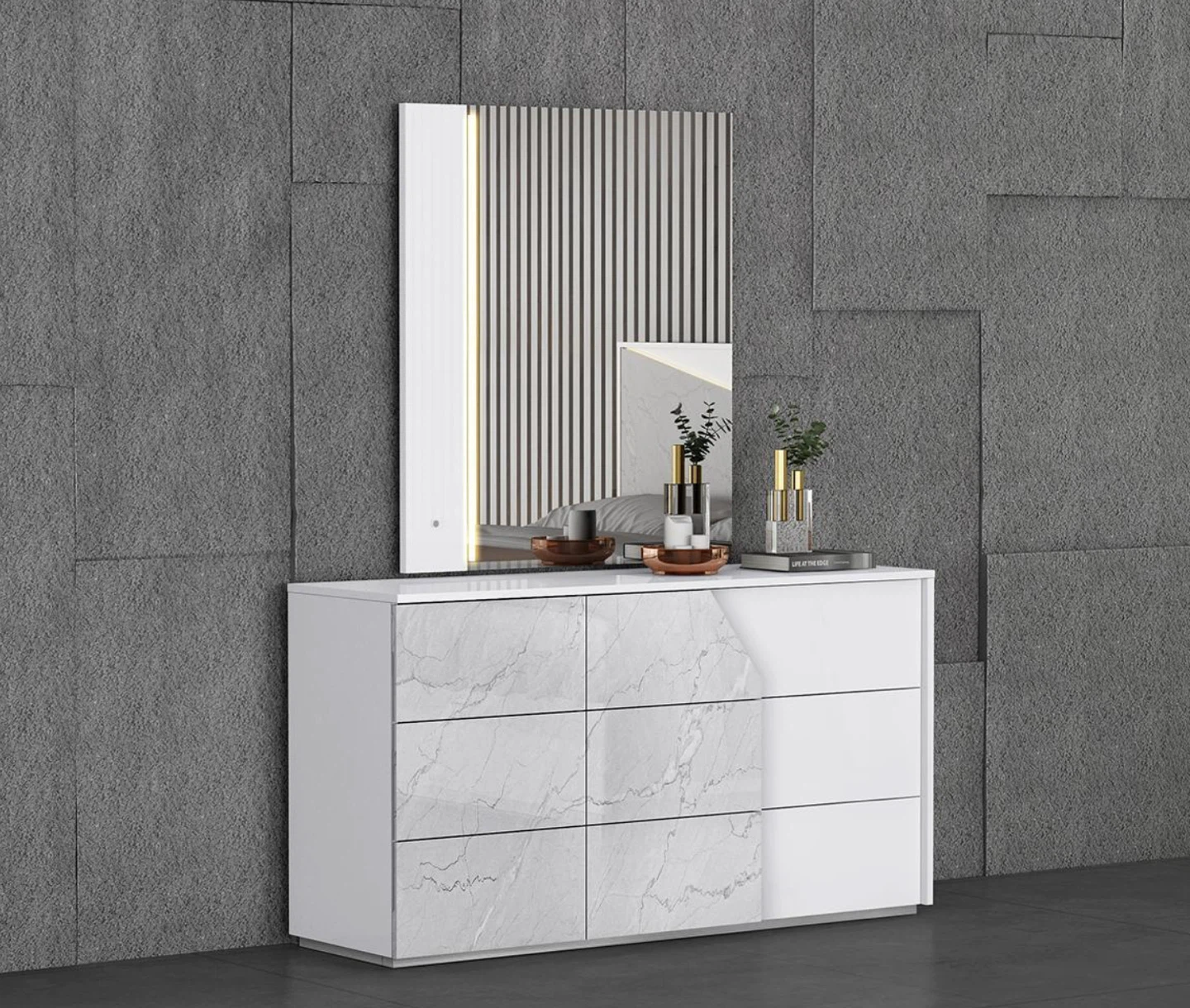 White Dresser with Marble Accents and Mirror