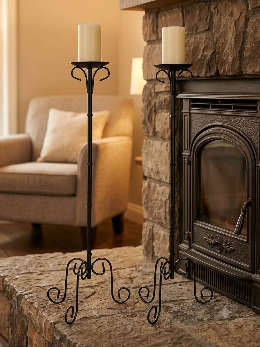 Set of 2 Black Metal Floor Candle Holders