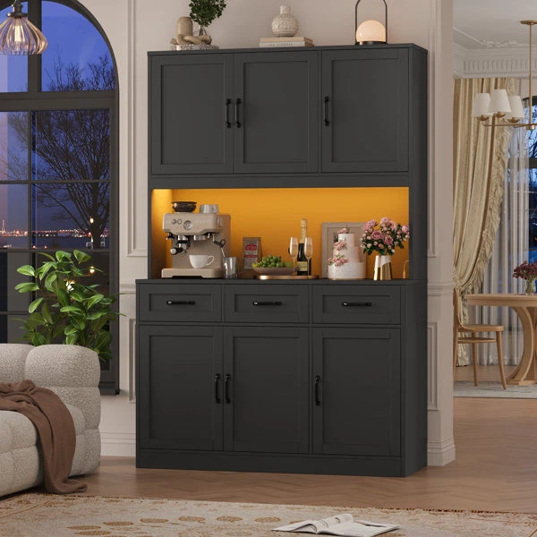 Dark Gray Kitchen Pantry Cabinet with Hutch