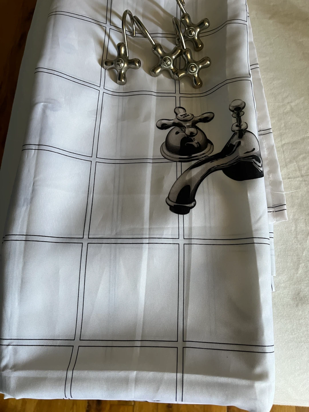 White Shower Curtain with Faucet Design and Hooks