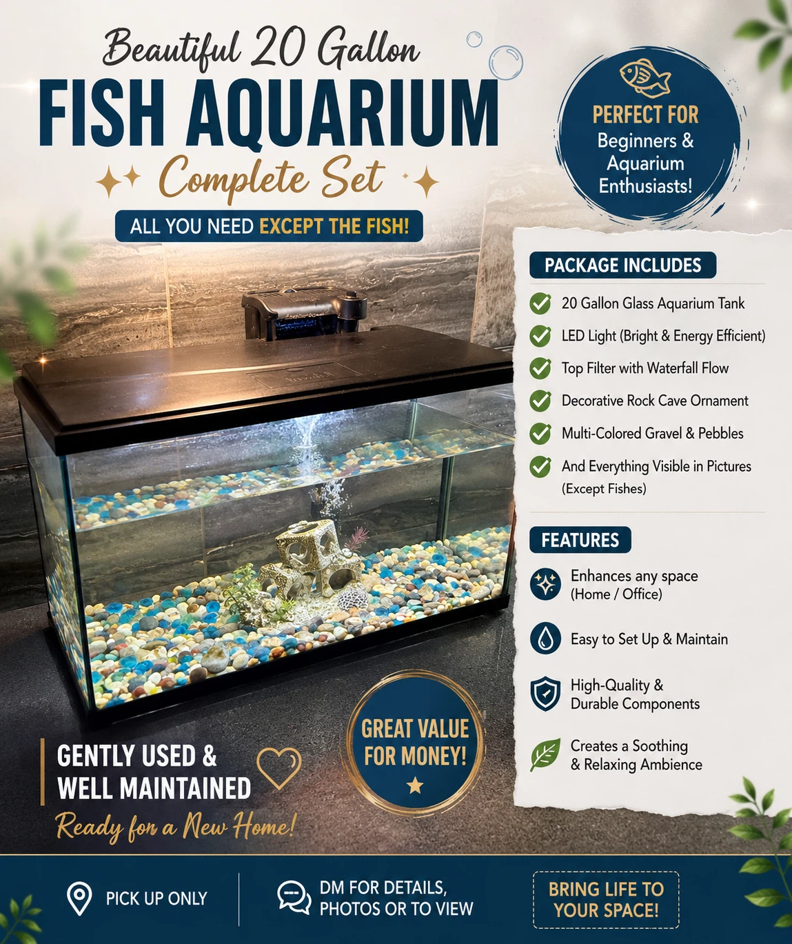20 Gallon Fish Aquarium Complete Set