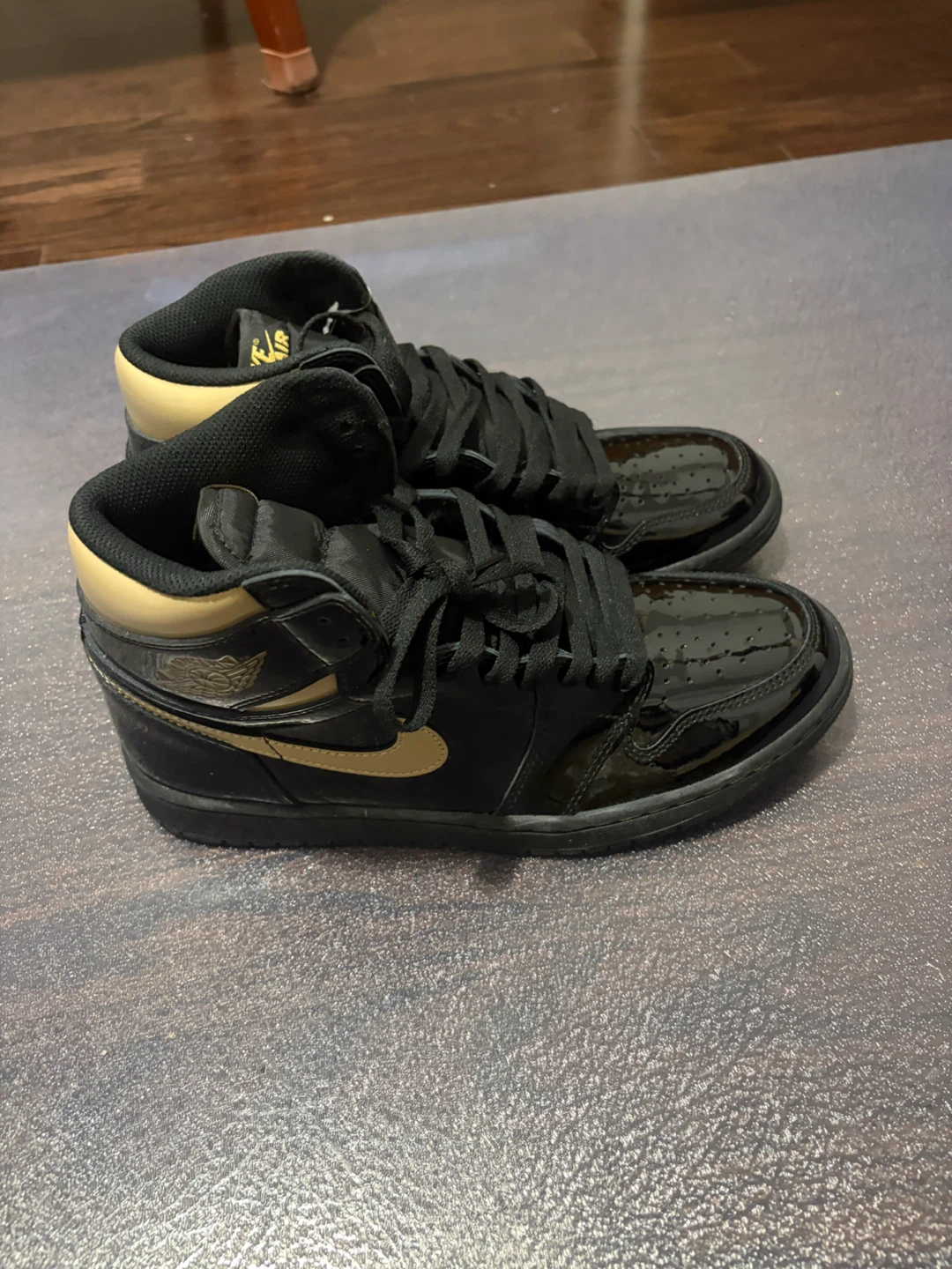 Air Jordan 1 High Black Gold Patent Leather Sneakers - photo 2