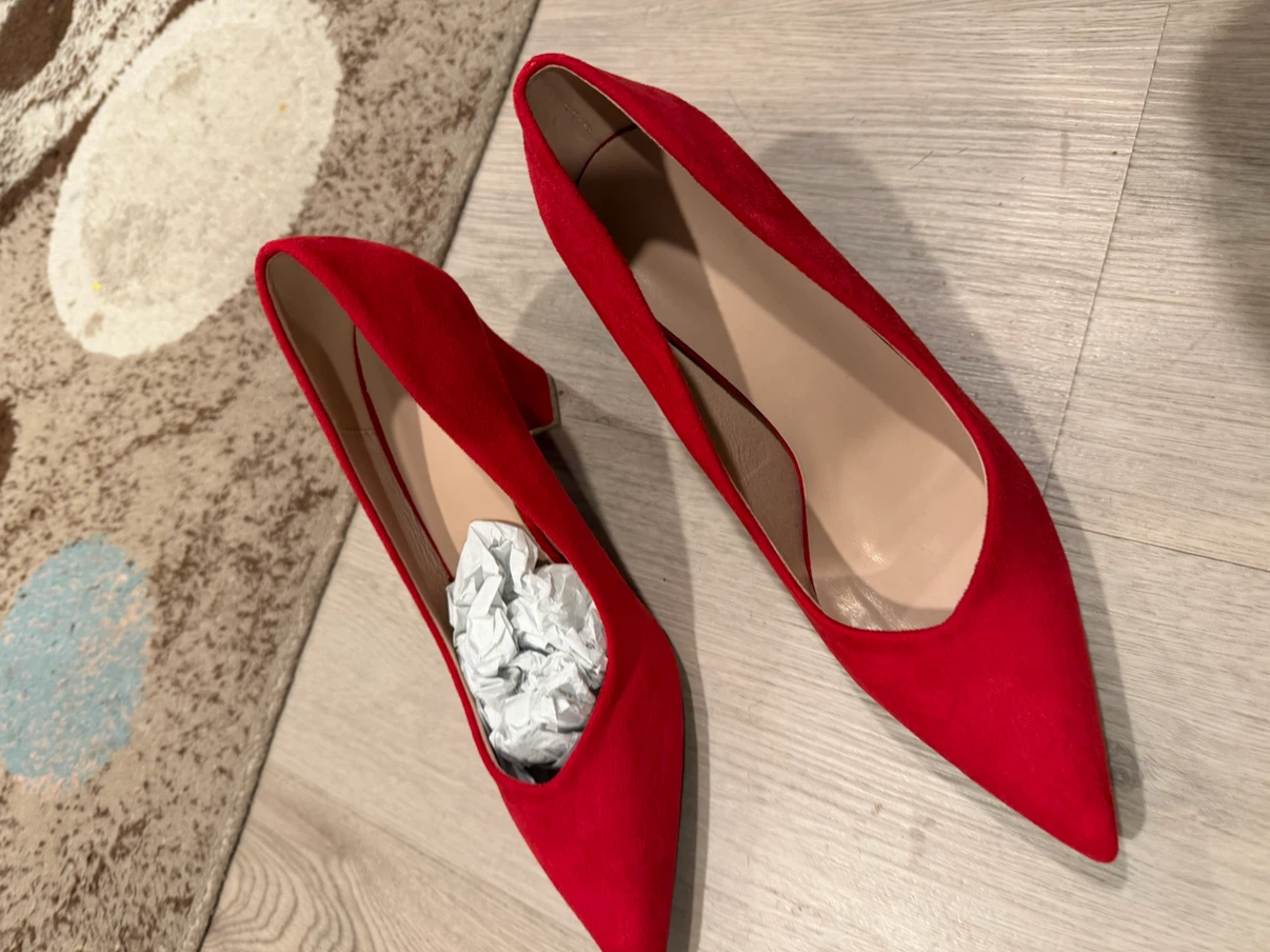 Red Suede Block Heel Pumps