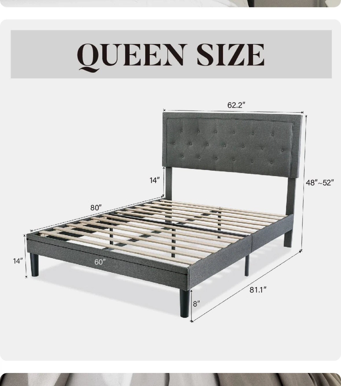 Queen Size Grey Upholstered Platform Bed Frame - photo 4