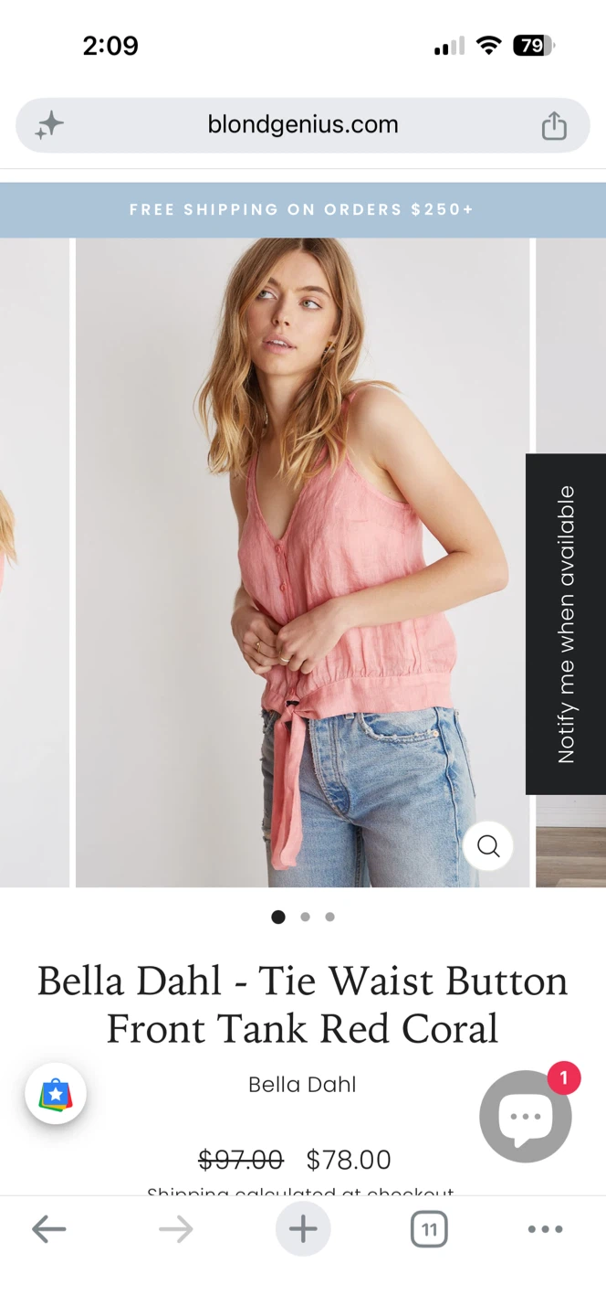 Bella Dahl Tie Waist Button Front Tank Coral XS