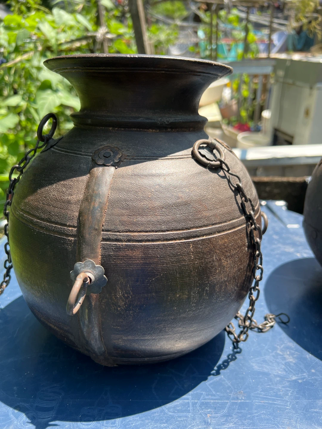 Antique Wooden Indian Water or Milk Pot with Chains