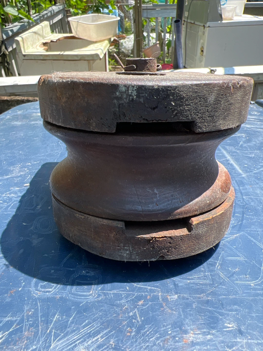 Antique Wooden Barn Pulley Fixed Axle Disc Great Decoration - photo 3