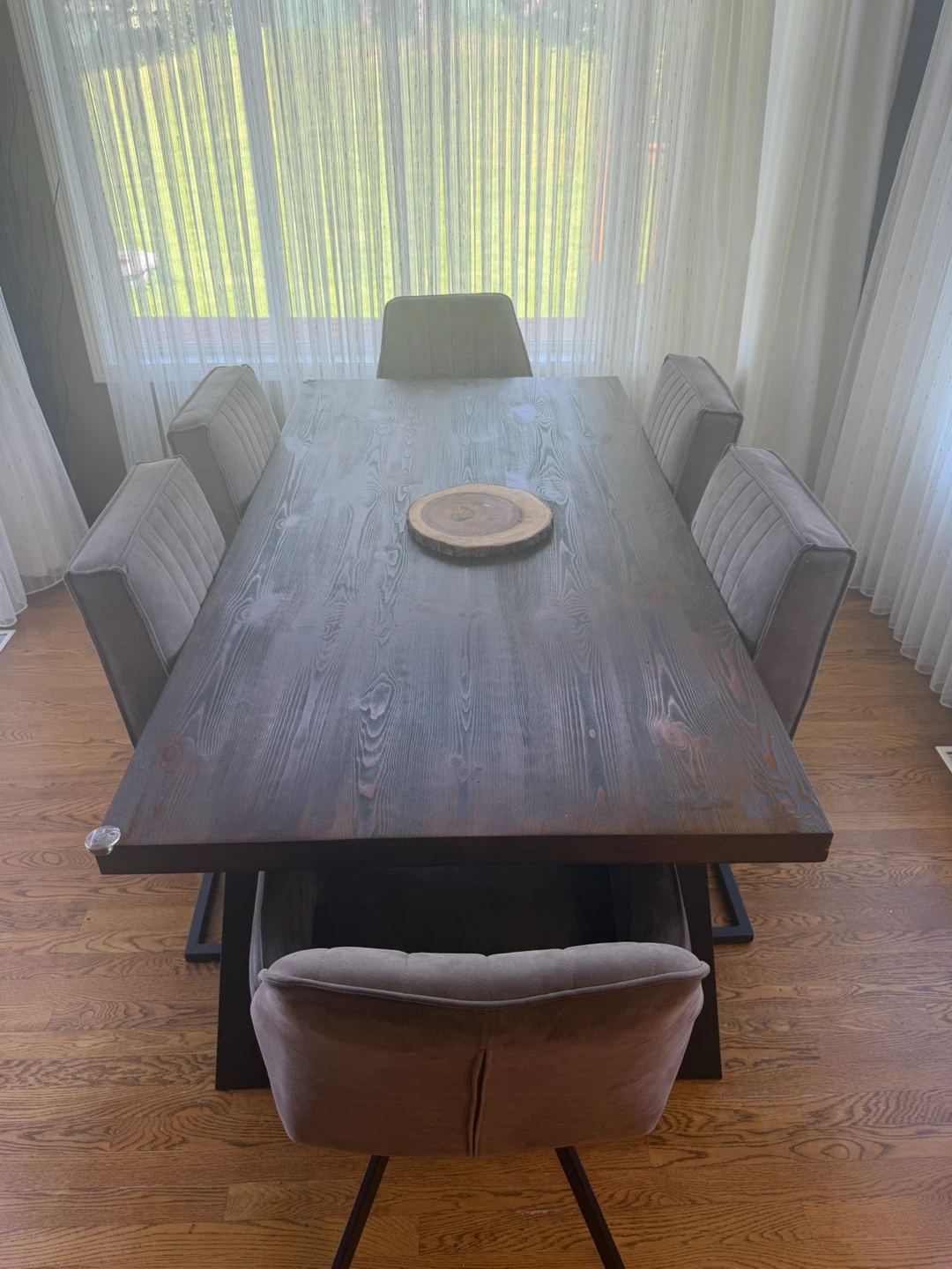 Dark Wood Dining Table with 6 Grey Chairs