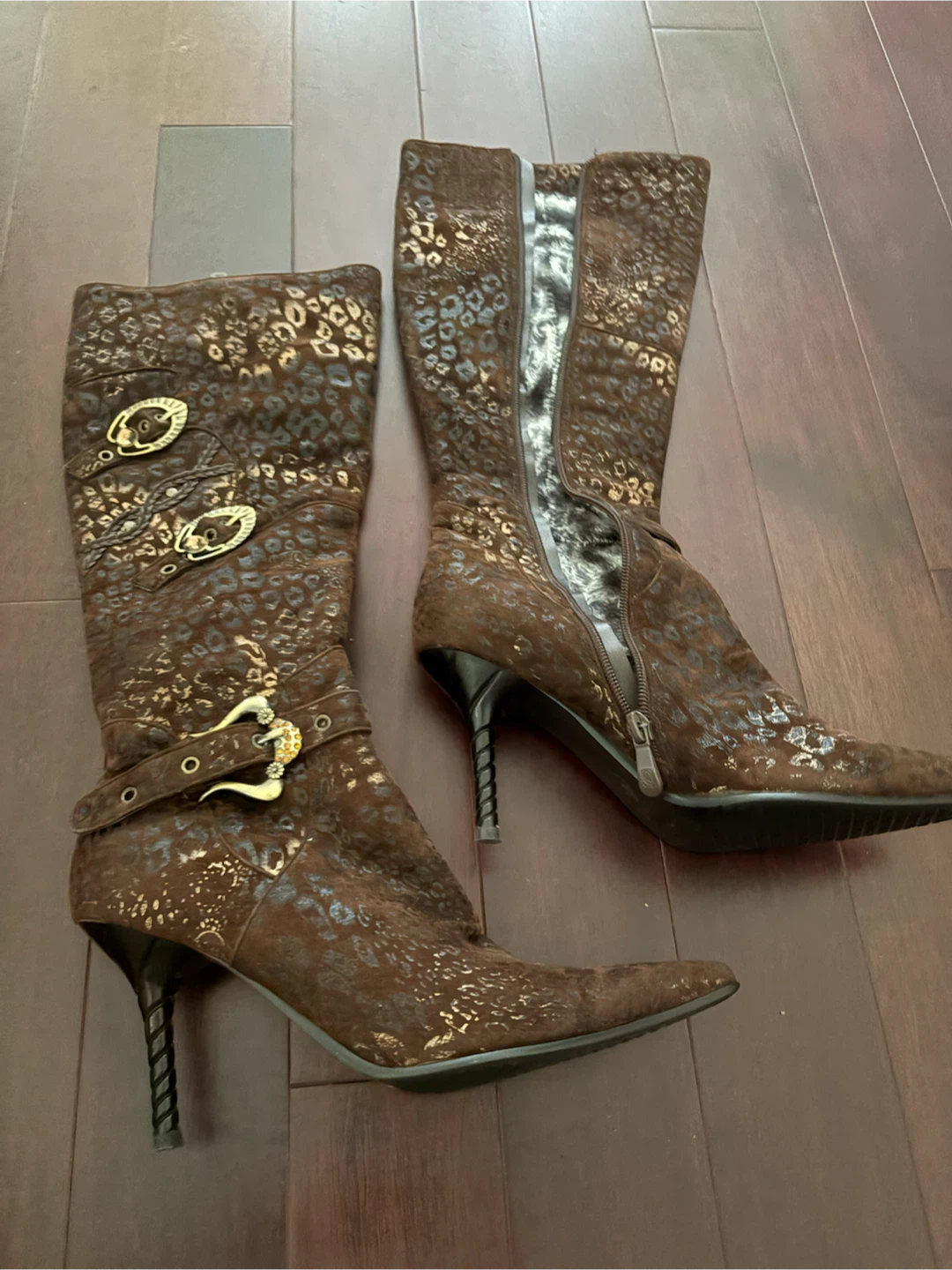 Women's Brown Faux Suede & Metallic Pattern Knee-High Boots