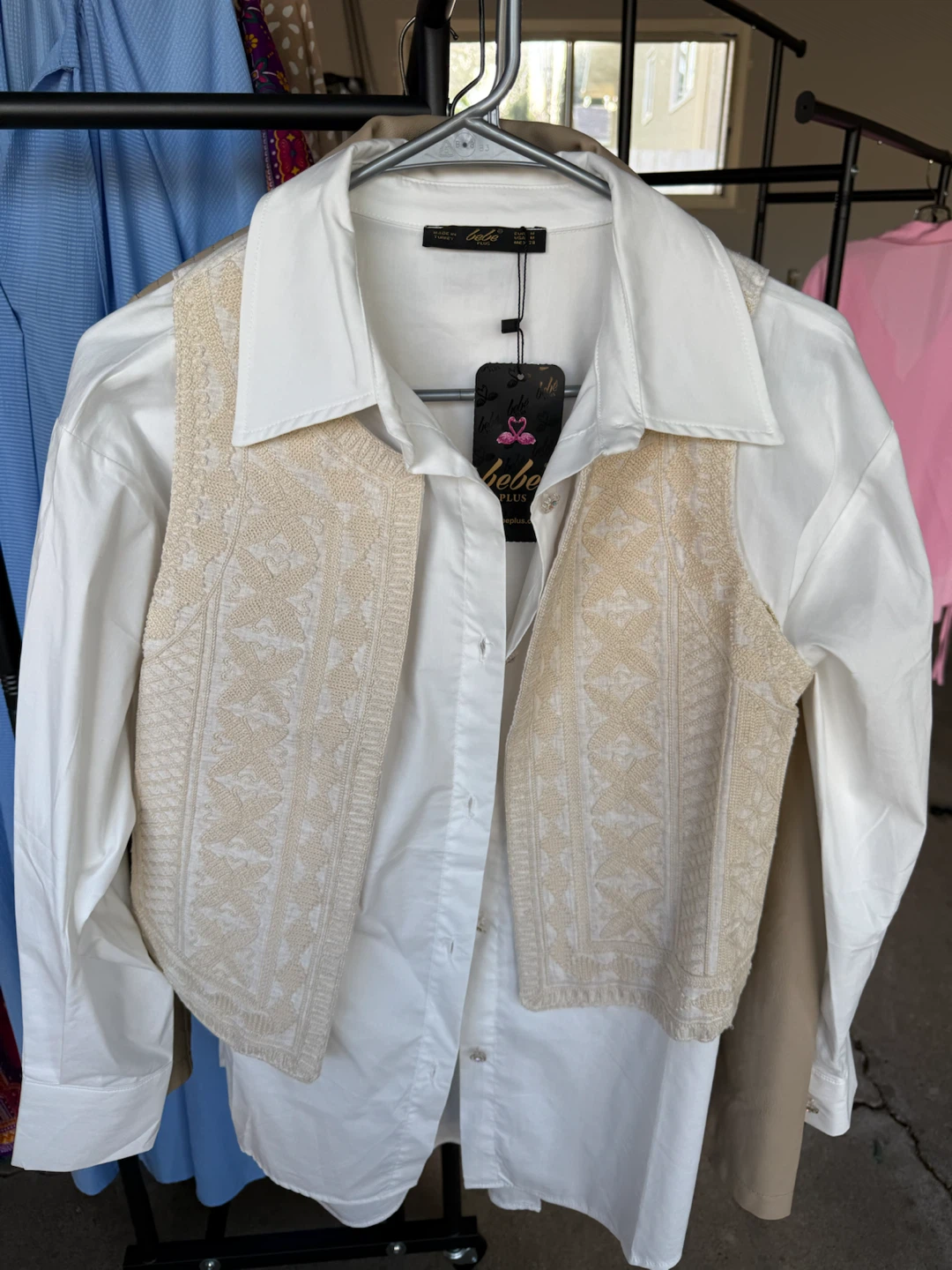 New Women's White Button-Up Shirt with Embroidered Vest - Size M