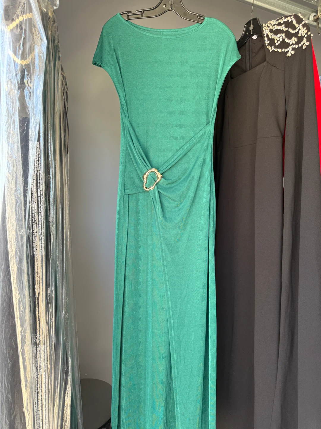 Green Draped Maxi Dress with Gold Buckle