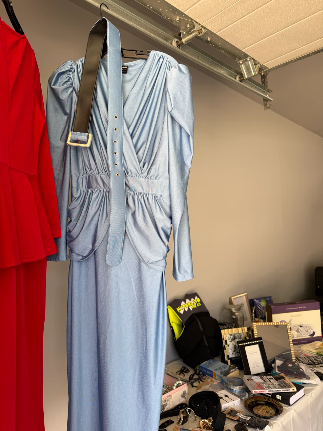 Light Blue Ruched Wrap Dress with Belt