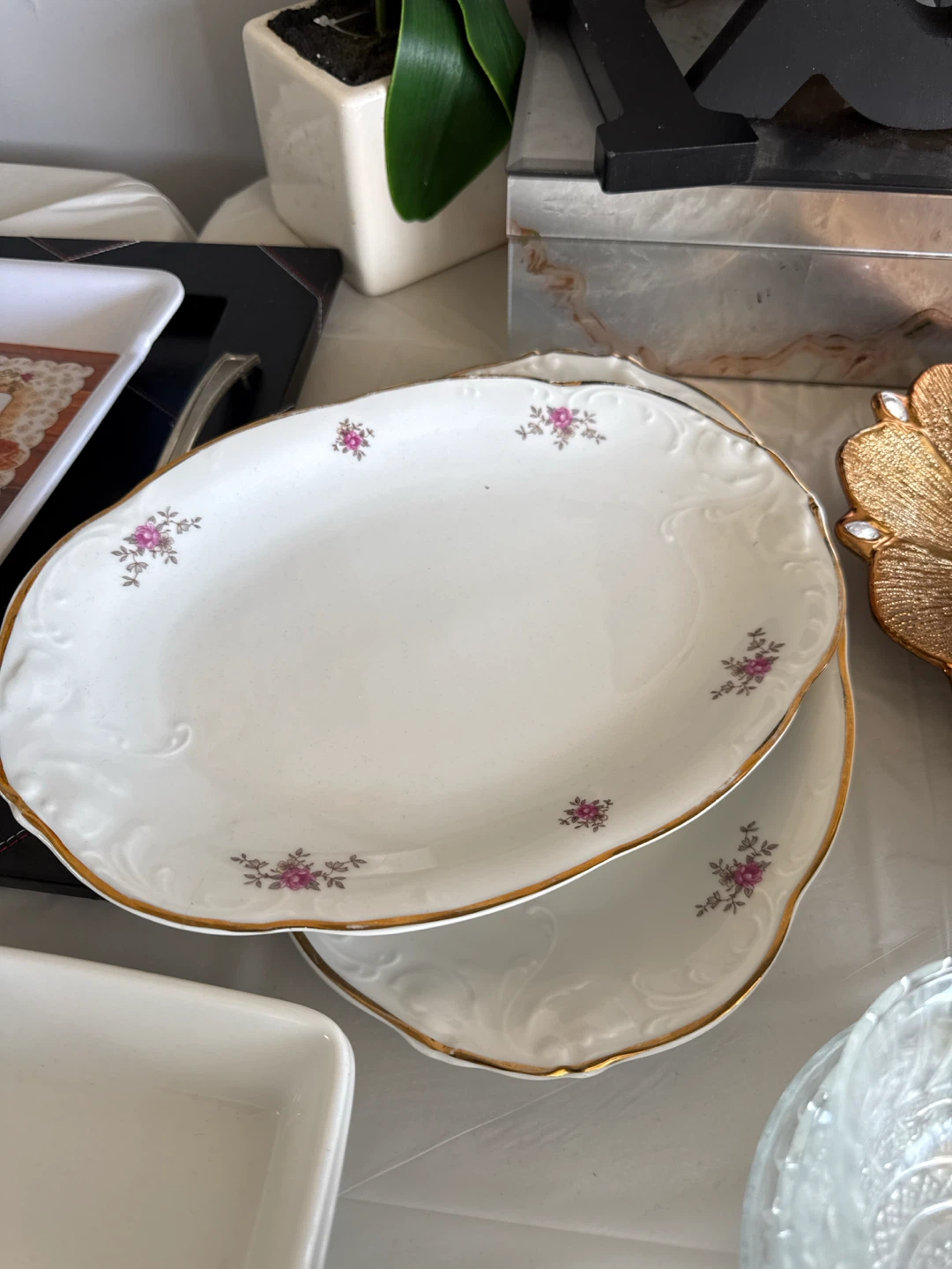 White Oval Serving Plates with Pink Floral Design