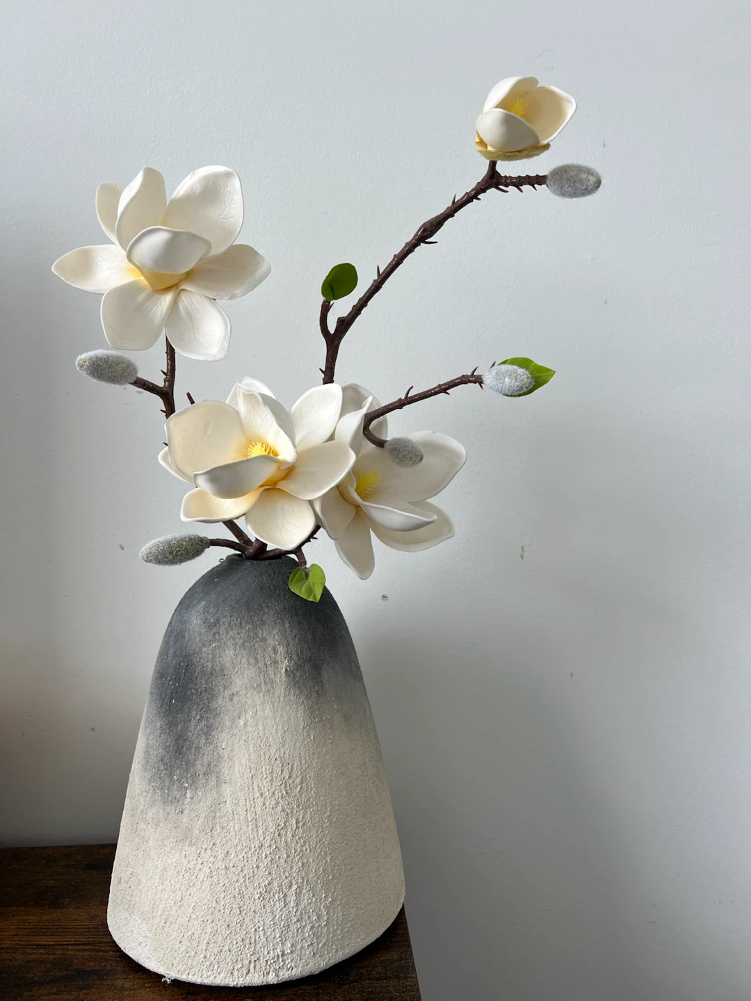 Faux Magnolia Flower Arrangement in Textured Vase
