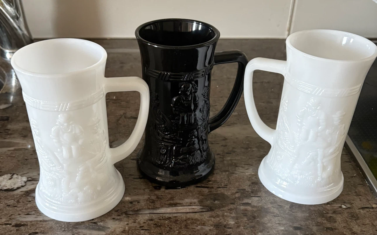 Vintage Milk Glass Mugs with Embossed Scenes