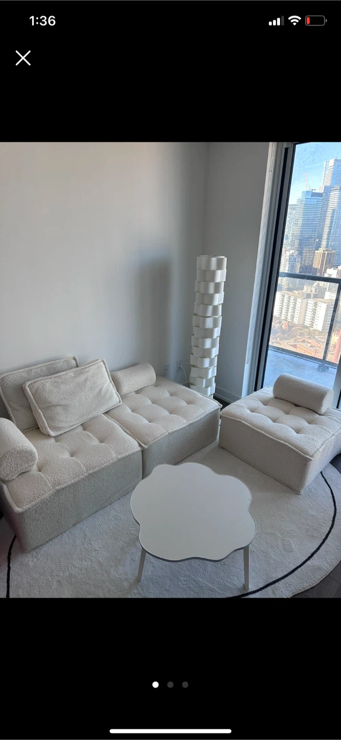 Cream Bouclé tofu block sofa with Bolster Pillows