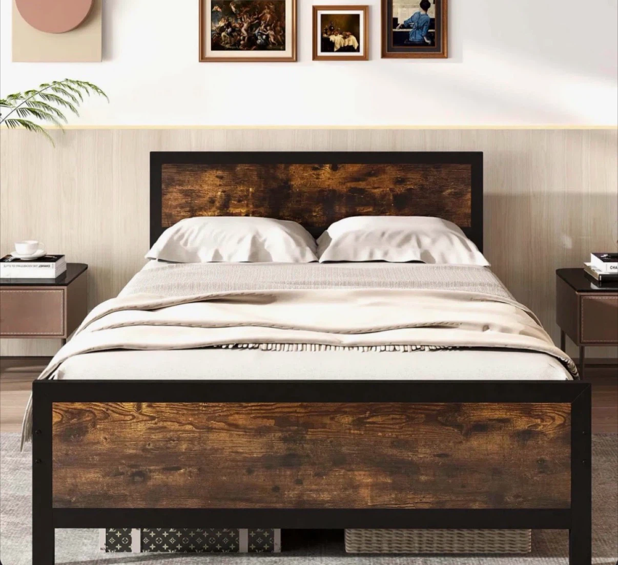 Full Size Industrial Style Bed Frame with Wood Grain Accents