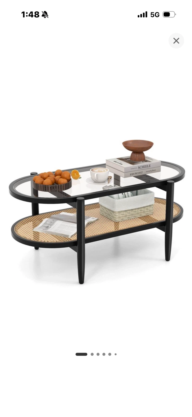 Oval Coffee Table with Glass Top and Rattan Shelf - photo 3