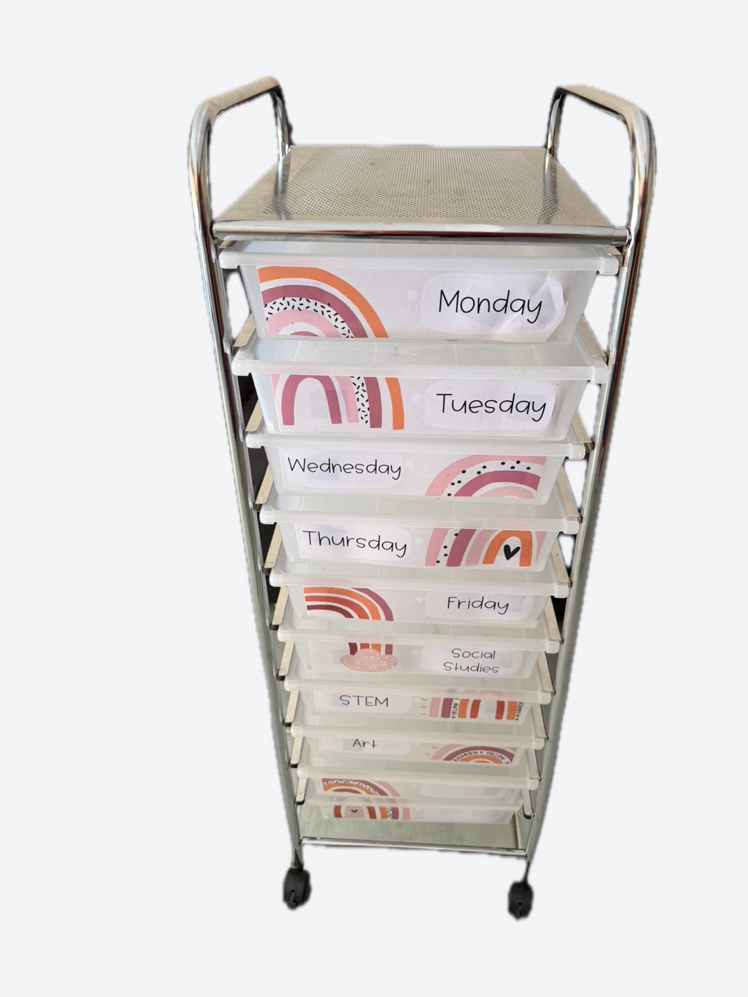 Rolling Storage Cart with 10 Labeled Bins