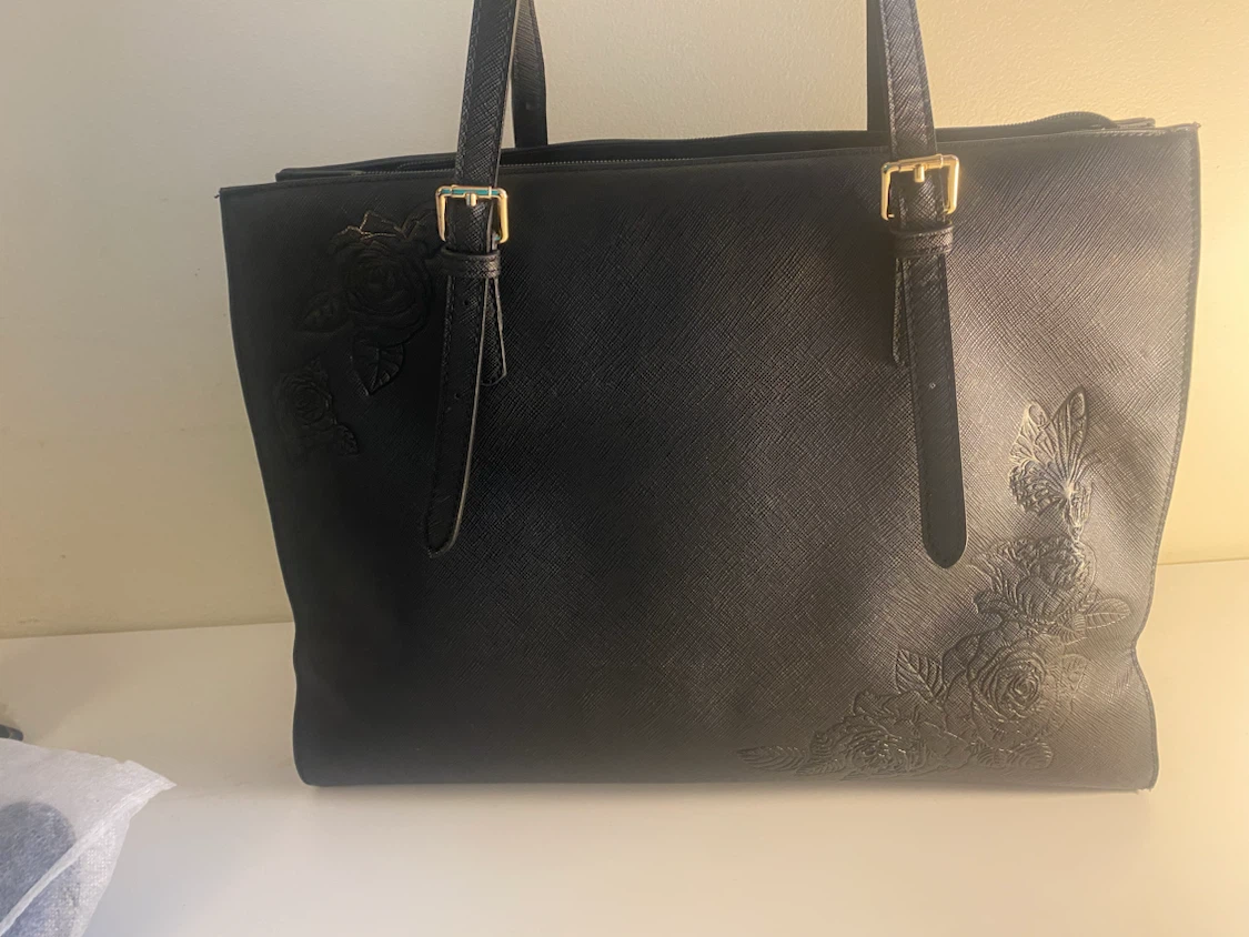 Black Tote Bag with Rose Embossing