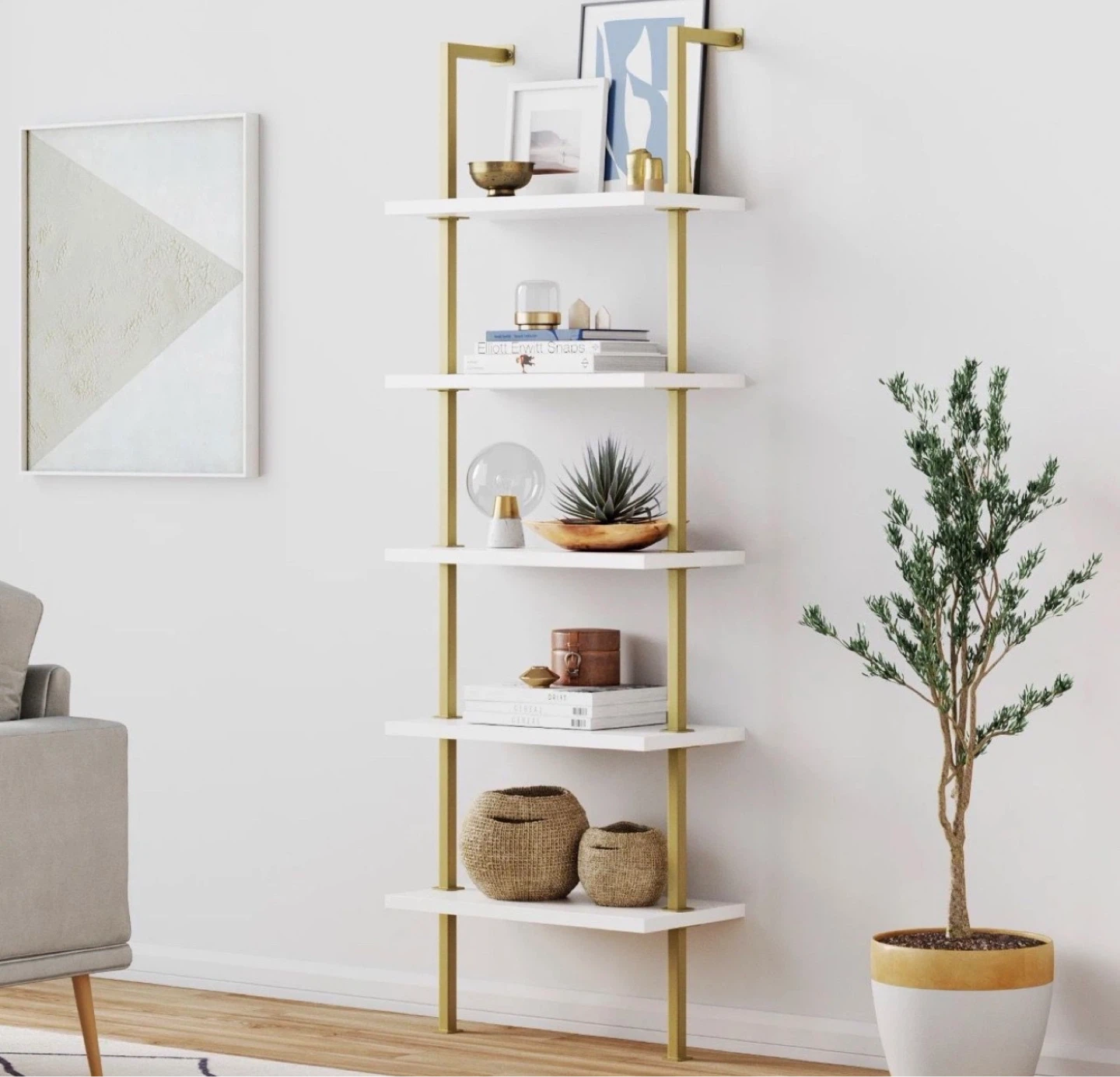 5-Tier Ladder Bookshelf White Shelves Gold Frame