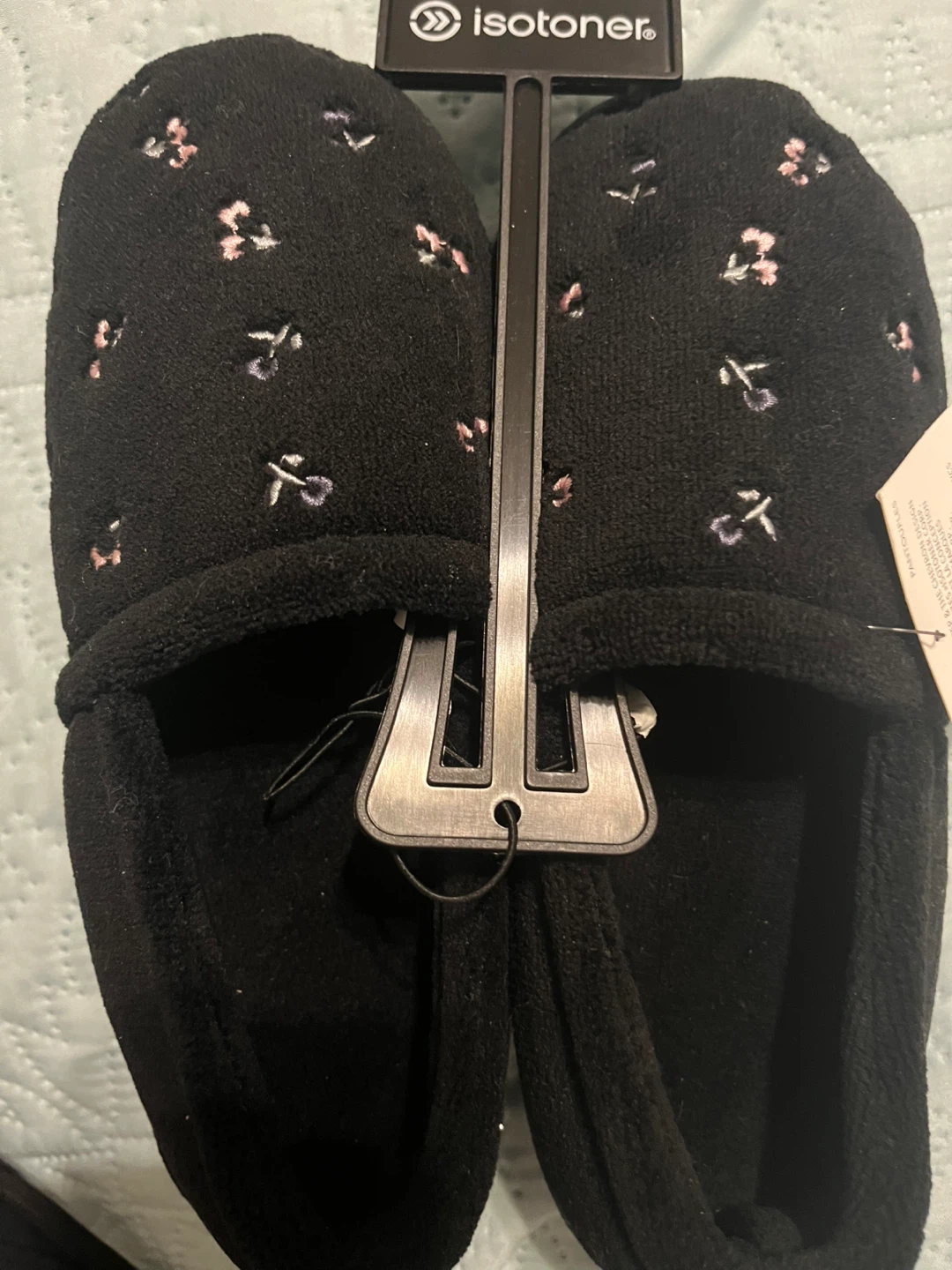 Isotoner Black Floral Slippers - Size S/P (6.5-7) - photo 2