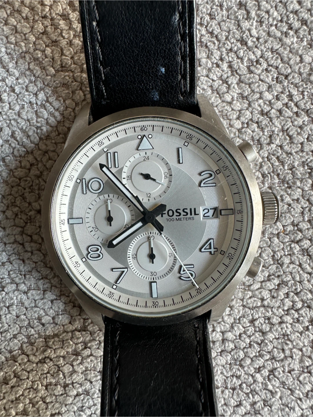 Fossil Chronograph Watch - Silver Dial, Black Leather Strap