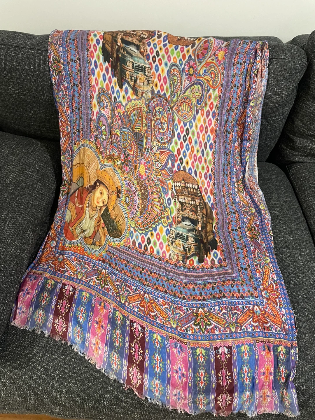 Brightly Printed Scarf with Fringe
