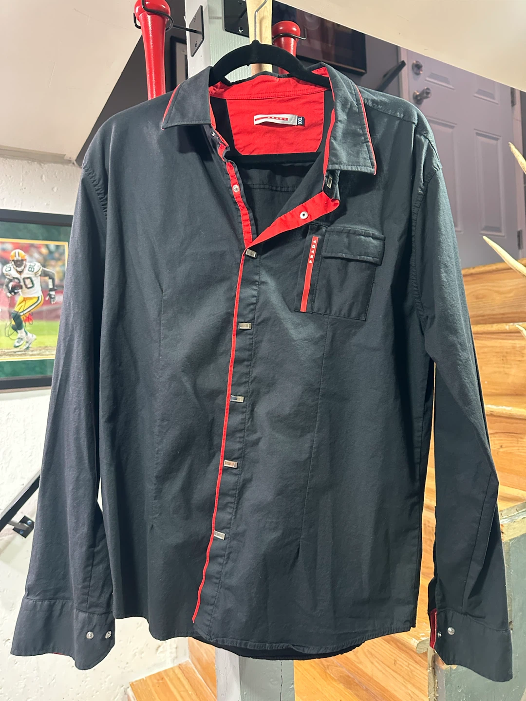 Prada Black Button Up Shirt with Red Trim