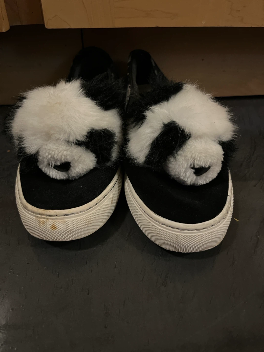Katy Perry Black Slip-On Sneakers with Fuzzy Panda Face