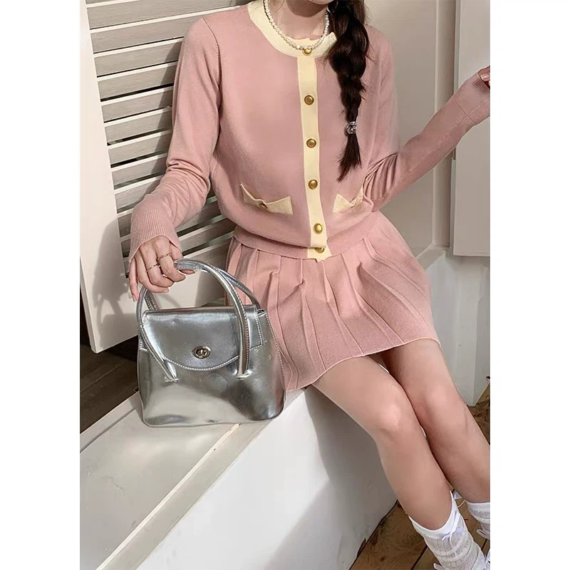 Pink Pleated Skirt and Cardigan Set Size M