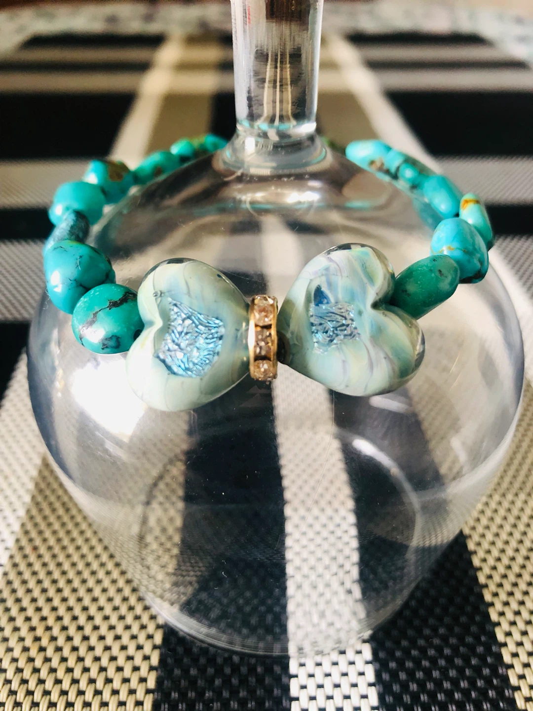 Turquoise Beaded Bracelet with Heart Charms
