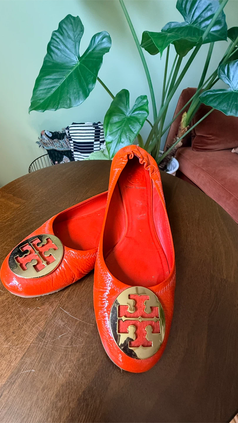 Tory Burch Reva Orange Patent Leather Ballet Flats