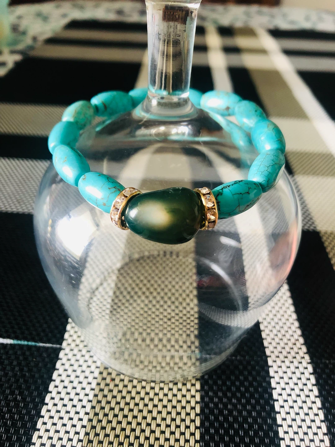 Turquoise Beaded Bracelet with Green Stone Accent
