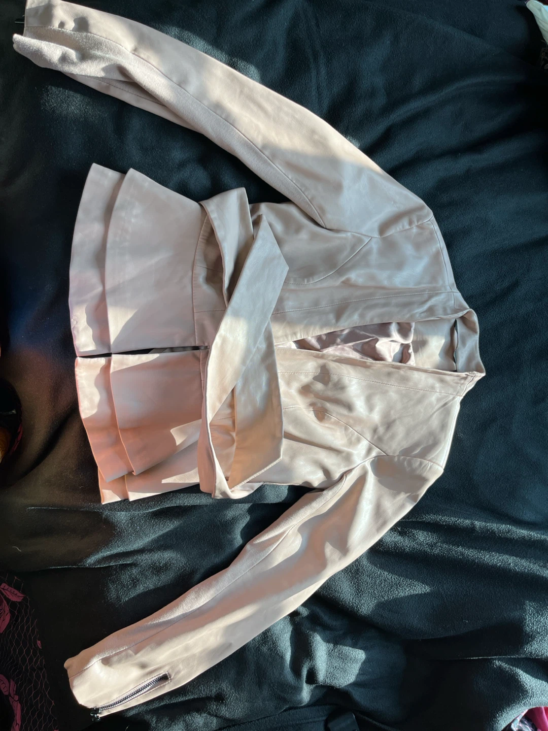Light Pink Faux Leather Jacket with Ruffle Detail