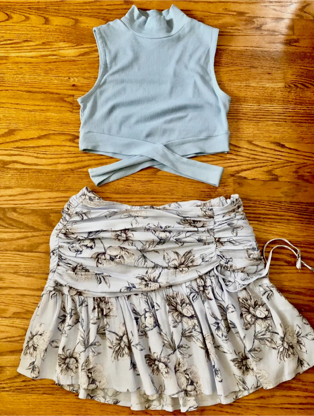 Light Blue Floral Skirt & Mock Neck Crop Top Set
