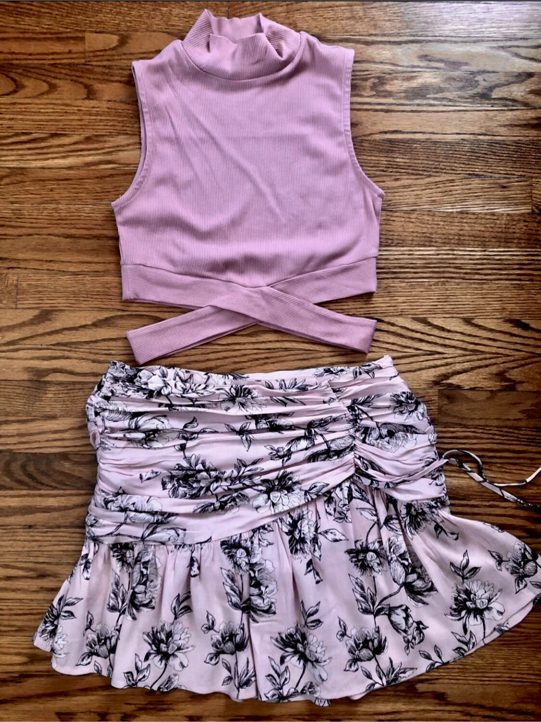 Pink Floral Ruched Skirt with Mock Neck Crop Top Set