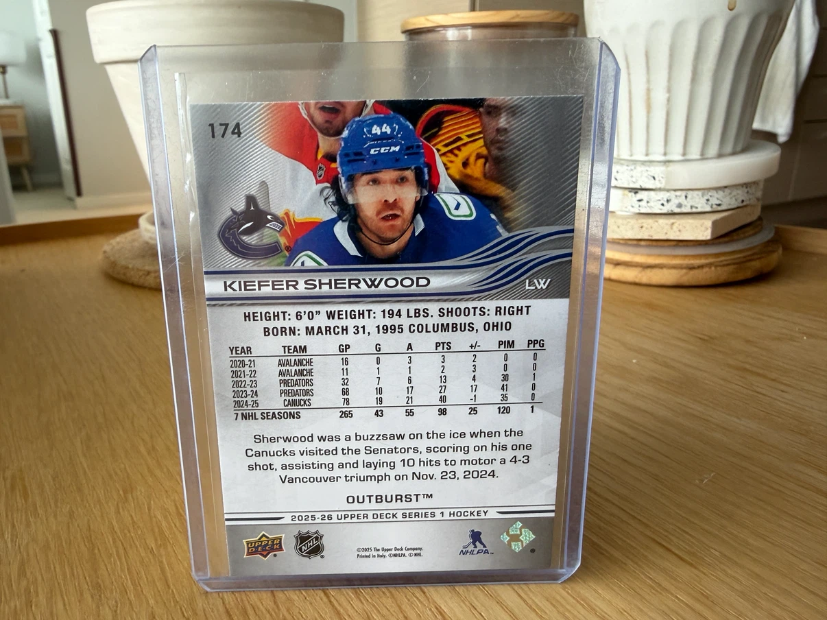 KIEFER SHERWOOD Canucks Upper Deck Silver Outburst Hockey Card - photo 2