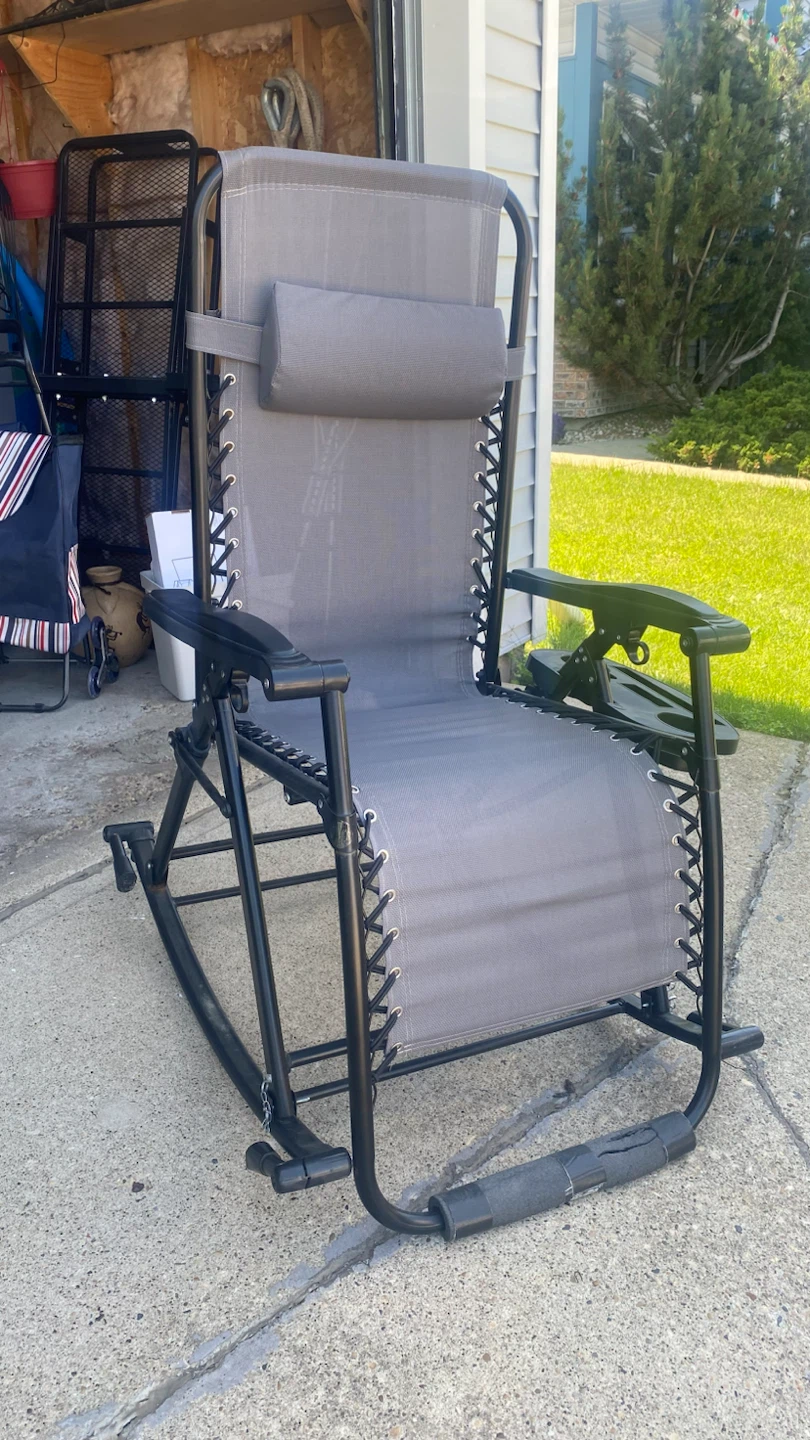 Grey Outdoor Rocking Chair with Headrest and Cup Holder