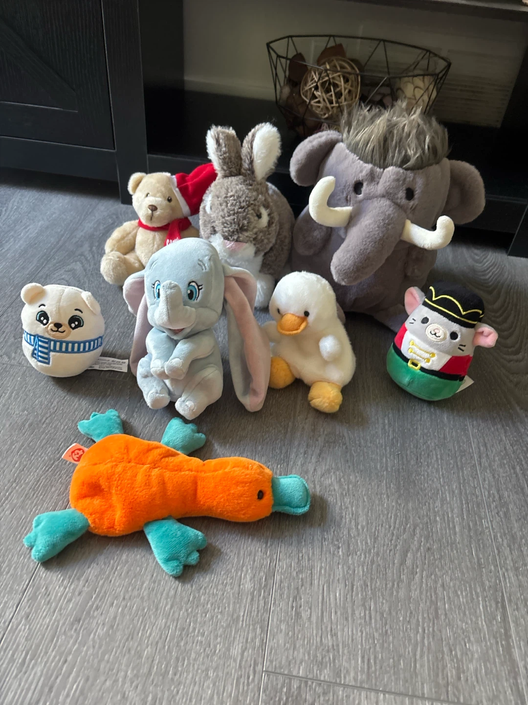 Plush toys bundle (nutcracker mouse, platypus, duck, elephant)