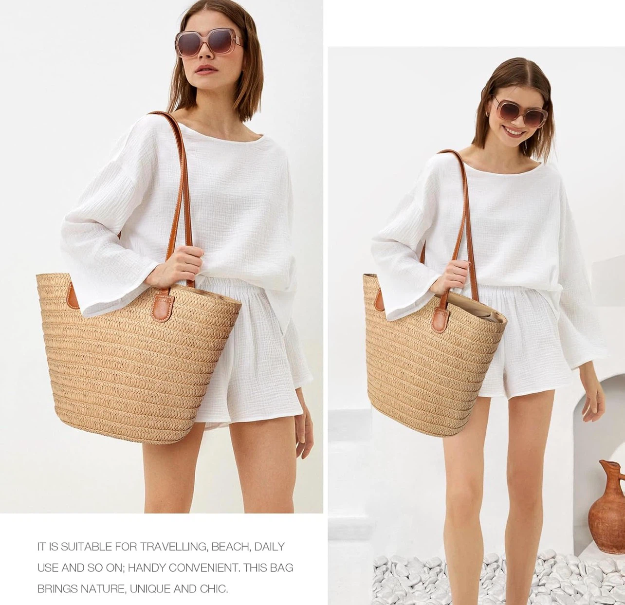 Natural Straw Tote Bag with Leather Straps - photo 2