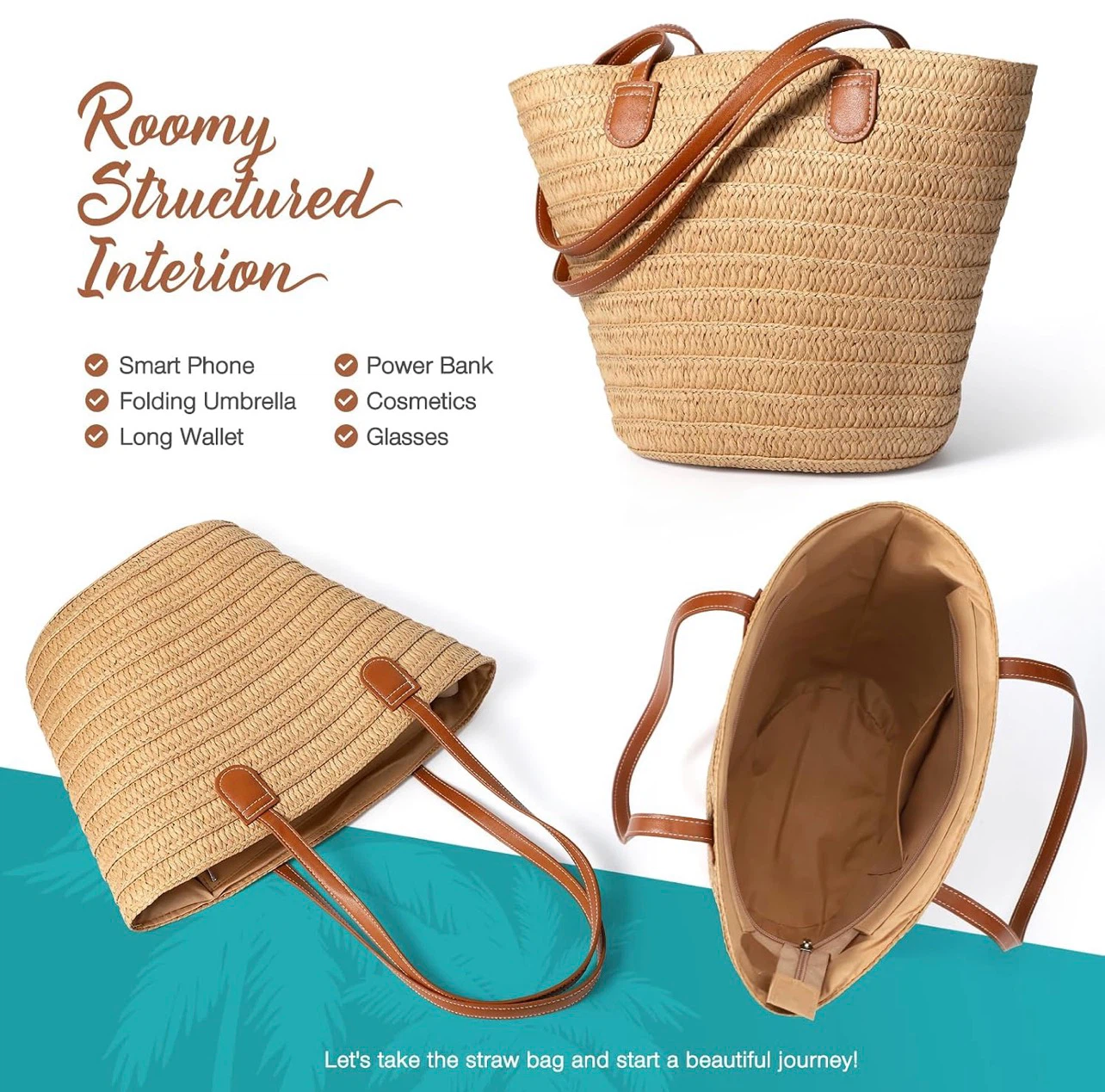 Natural Straw Tote Bag with Leather Straps - photo 5