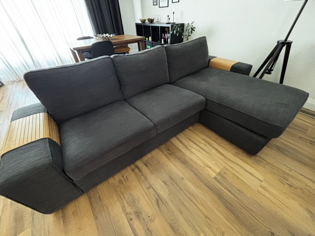 Dark Grey Sectional Sofa with Wood Accents