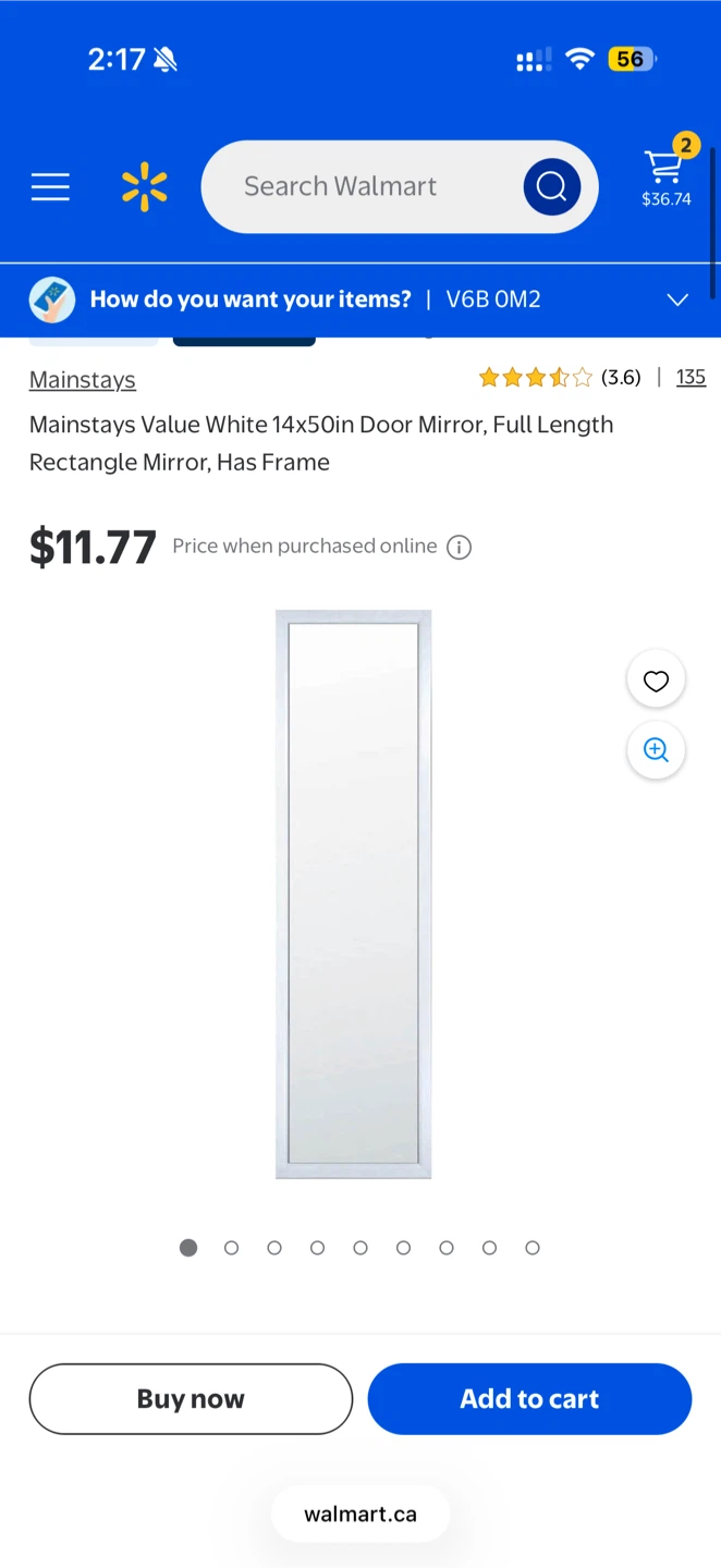 Mainstays Value White 14x50in Door Mirror