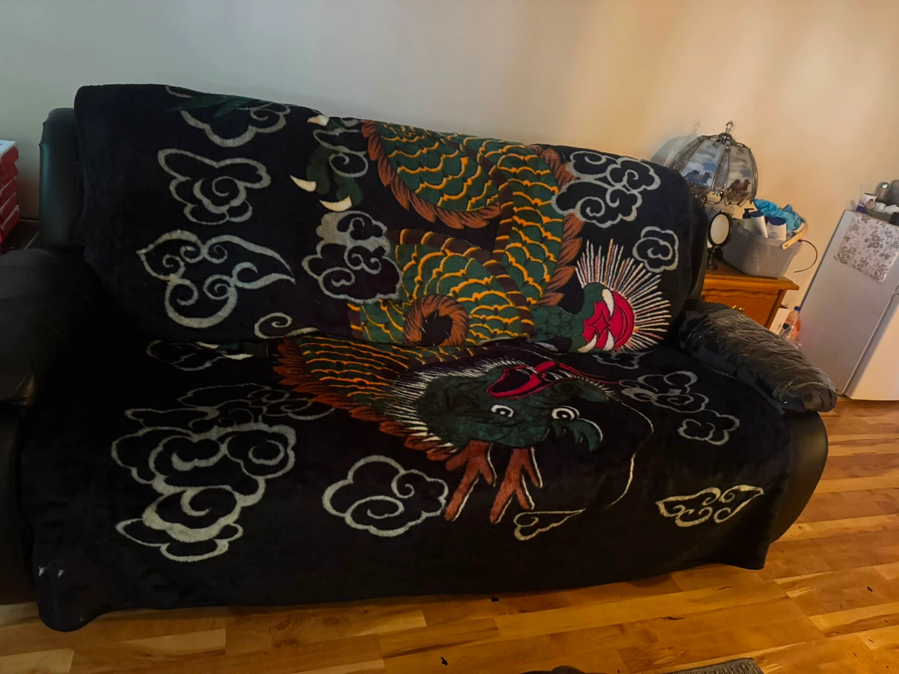 Free used Black Sofa with Dragon Throw Blanket