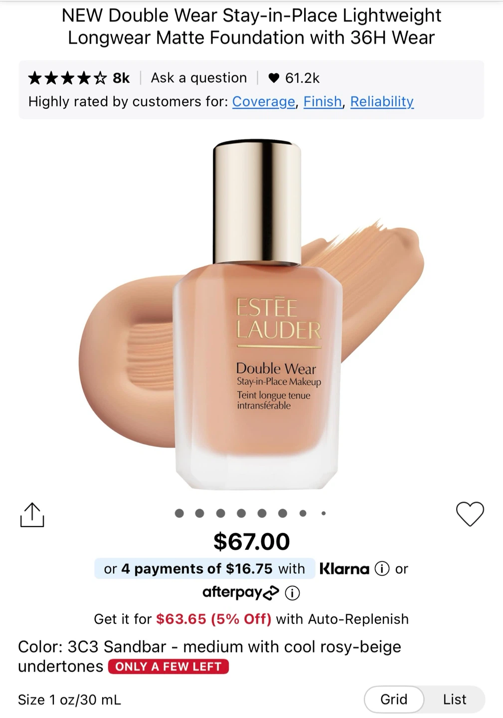 Estee Lauder Double Wear Foundation 3C3 Sandbar