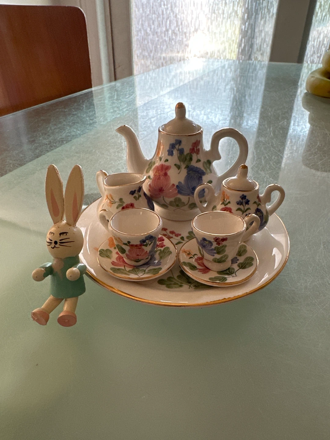 Miniature Tea Set with Bunny Figurine