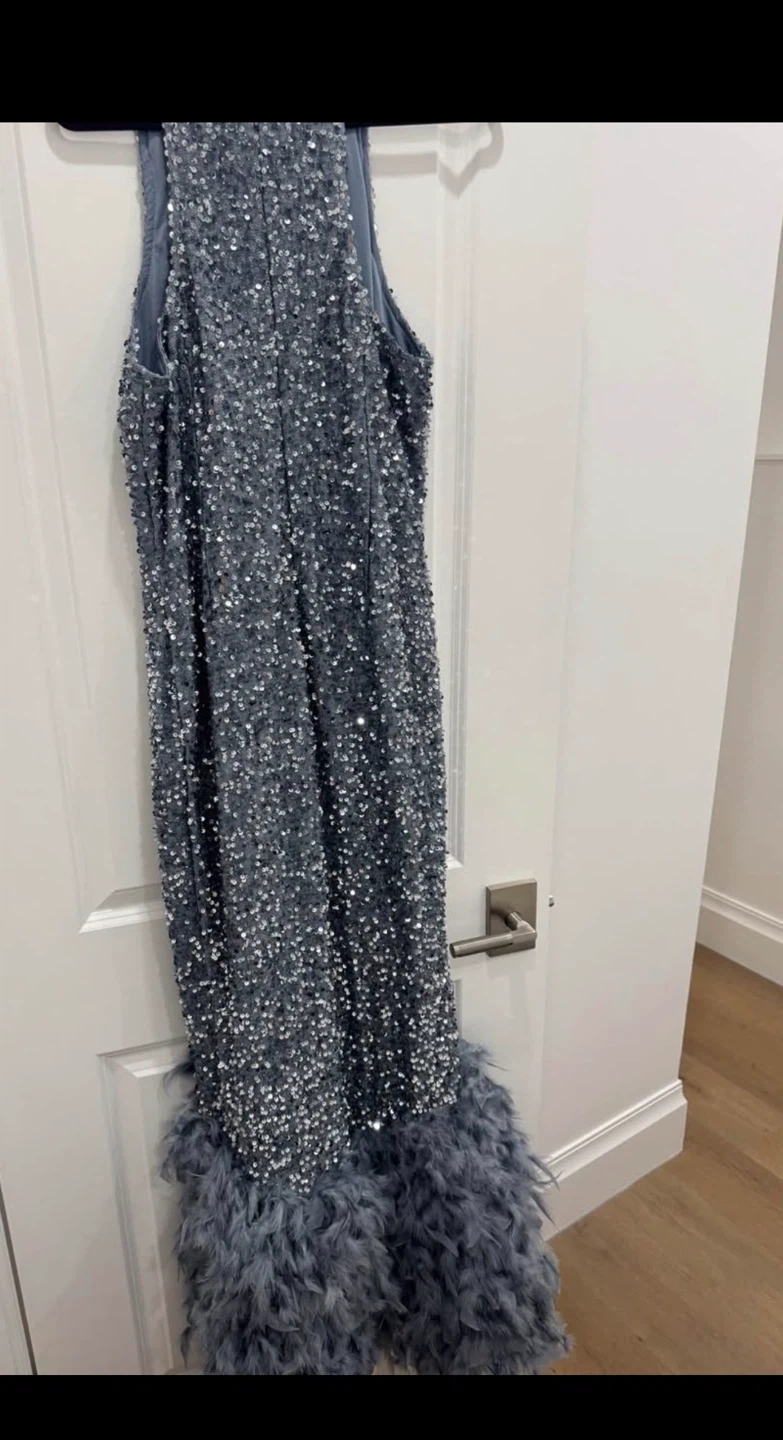 Silver Sequin Feather Trim Gown- 0Xl- 1XL