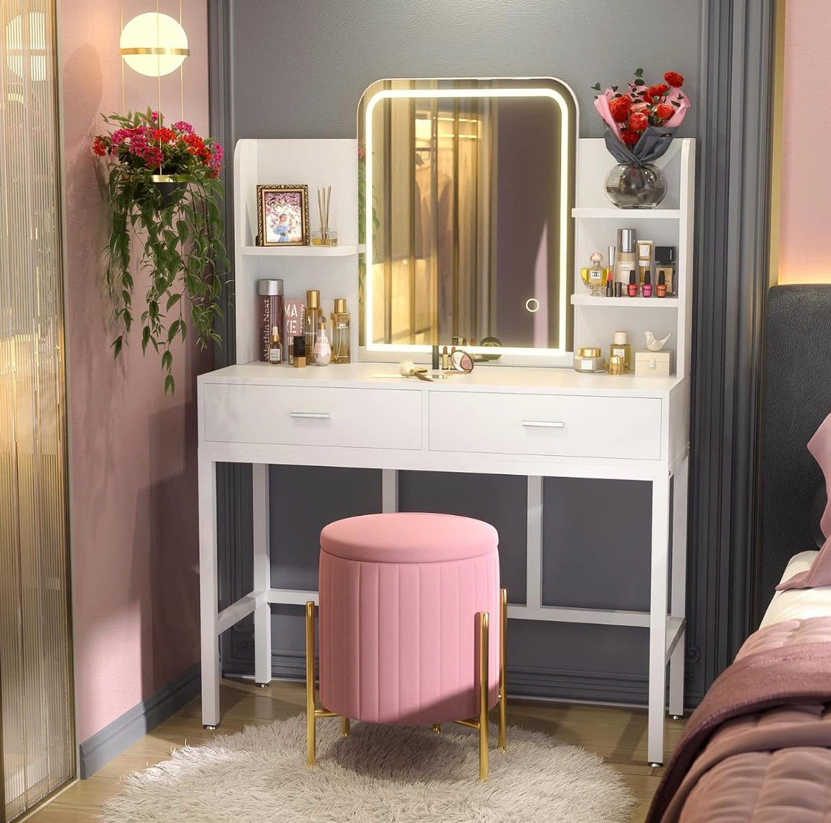 Cyclisyo White Vanity Desk with LED Mirror and Stool