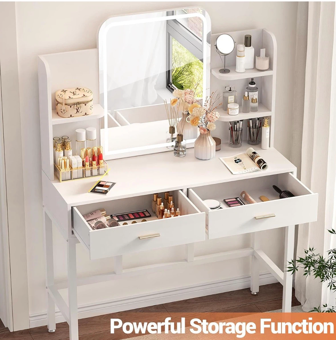 Cyclisyo White Vanity Desk with LED Mirror and Stool - photo 4